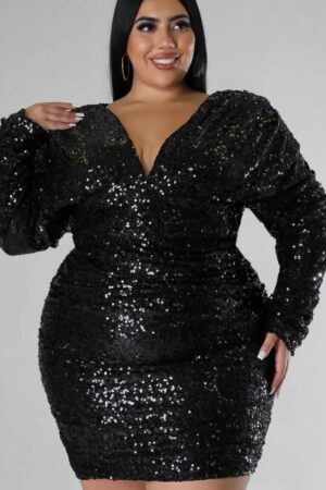 Black V-Neck Sequin Short Dress